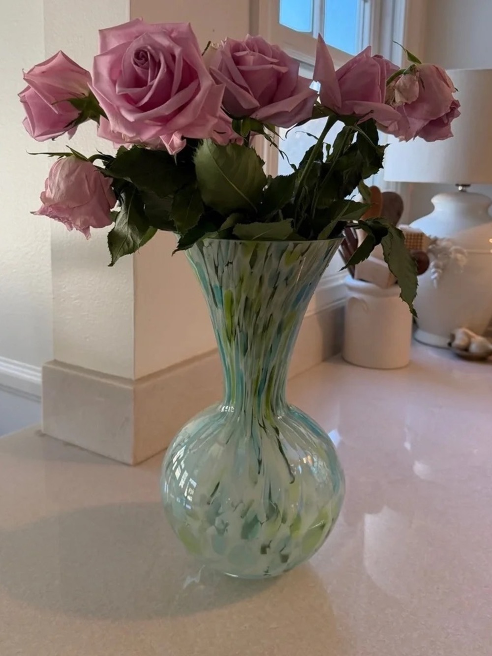 Elegant Aqua Blown Glass Vase with Pink Rose Accent